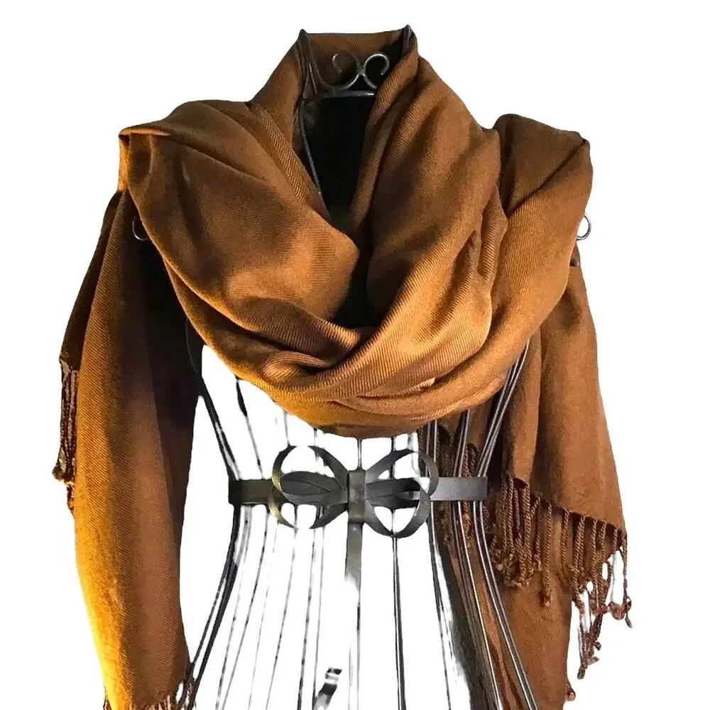 Bijoux Terner Pseudo Pashmina Brown Viscose Fringed Scarf